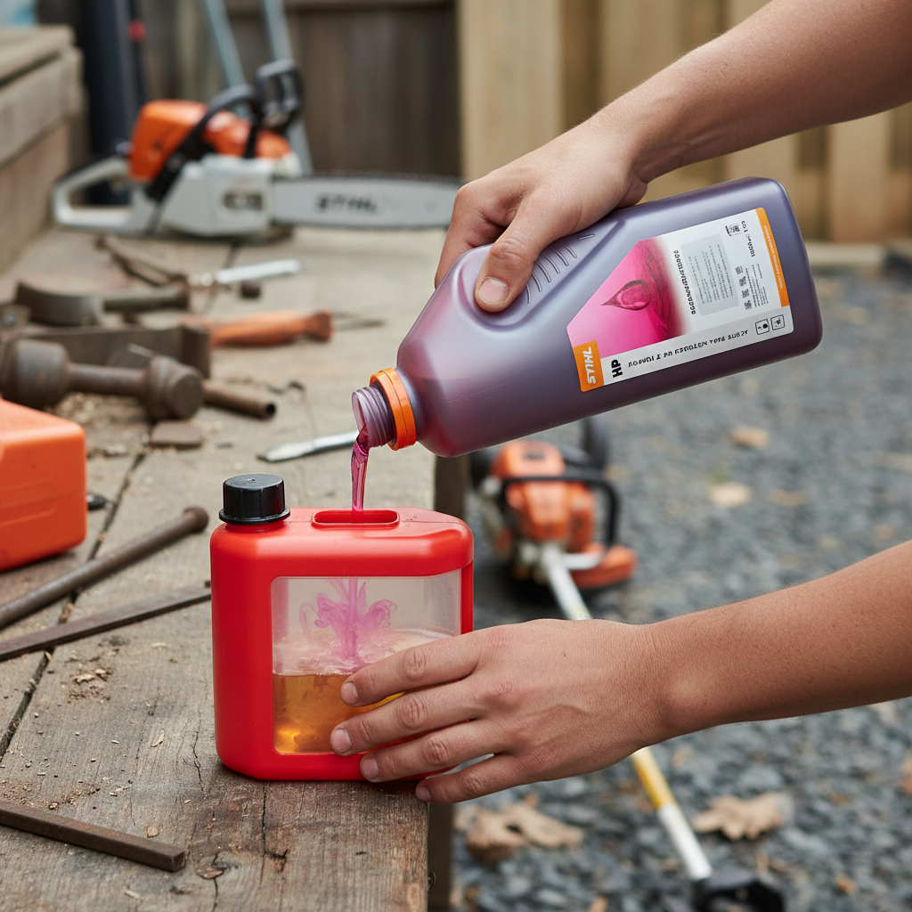 Mezclando aceite STIHL 2 tiempos con gasolina en motor