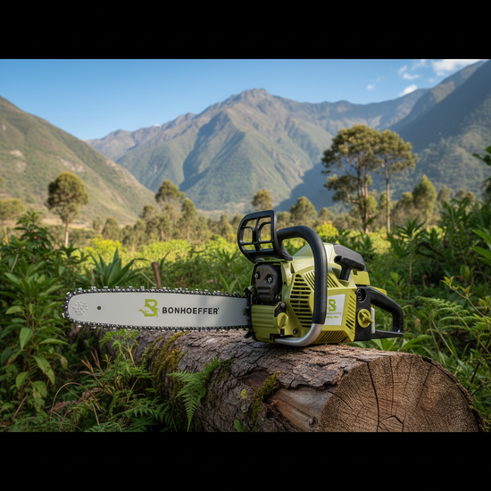 Motosierra Bonhoeffer CS65 ángulo 3/4 en bosque andino peruano