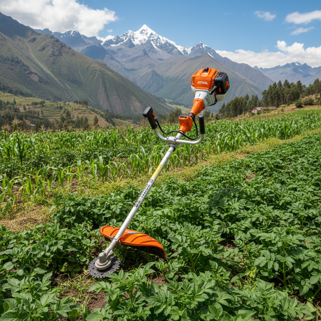 Chapeadora Stihl FS 230 naranja y negro en campo andino