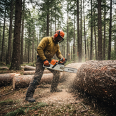 Motosierra Stihl MS 651 61.5cc cortando madera dura en trabajo forestal intensivo.
